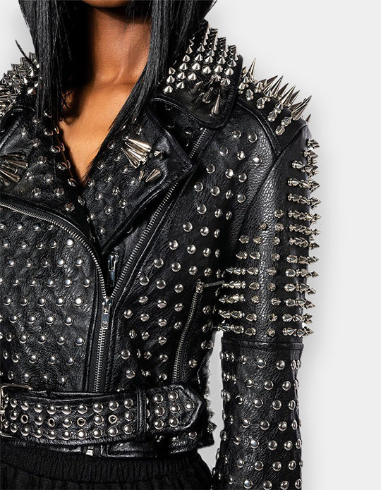 Women Motorcycle Black Color Jacket, Handmade Silver Studs jacket, Spiked Studs Jacket, Brando Waist Belt Jacket, Personalized Lapel Collar,